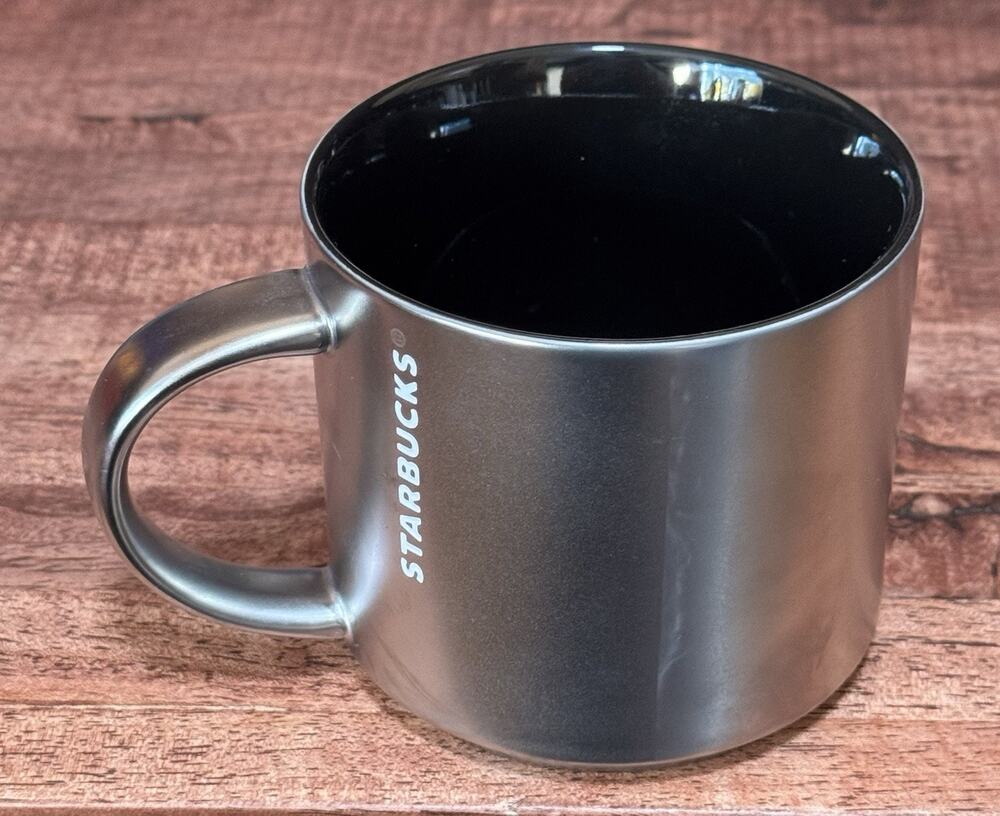 Starbucks 14 FL Oz 2014 Steel Silver Color W Black Coffee Mug D/C